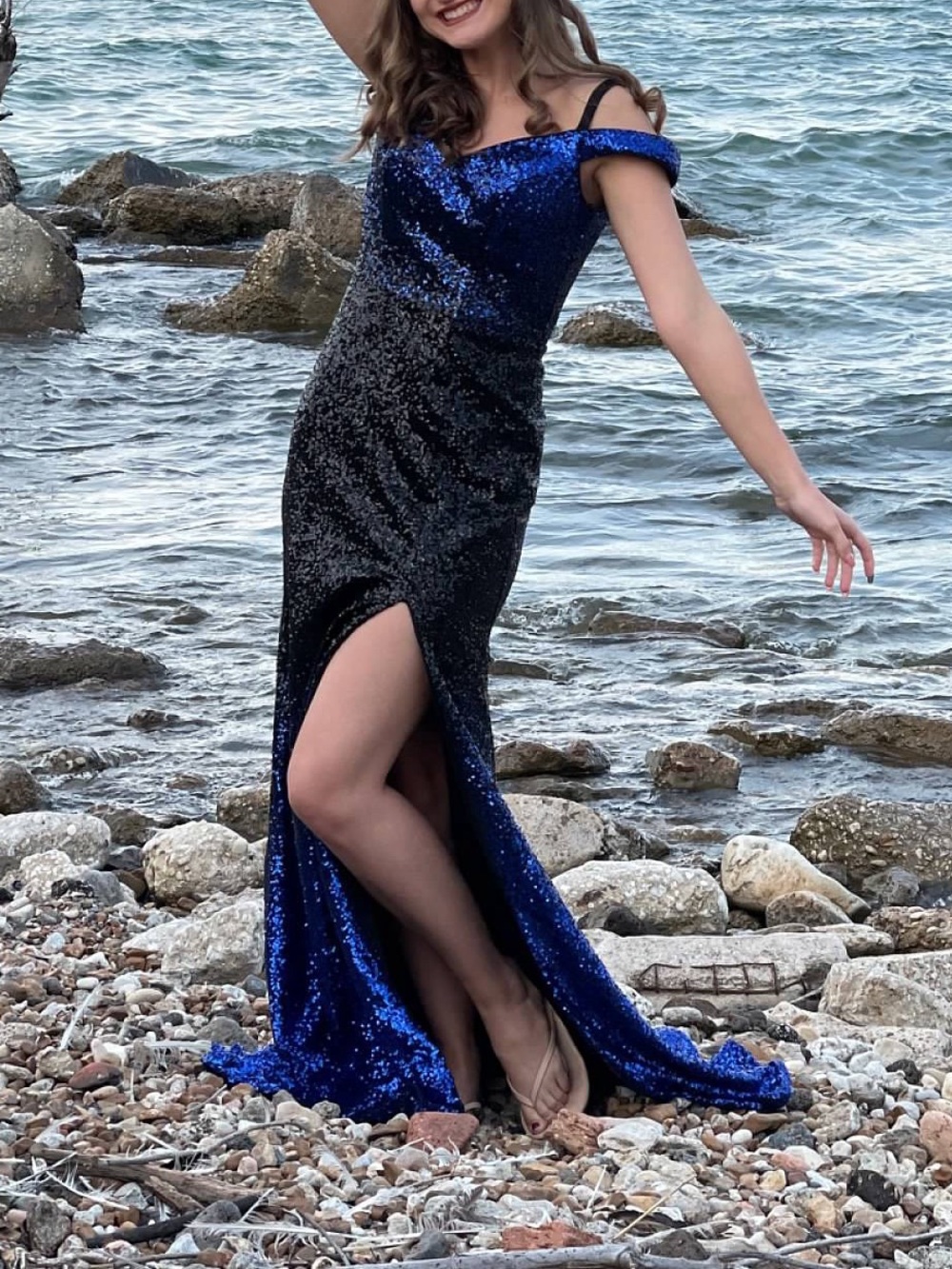 Jovani Off-Shoulder Blue and Black Sequin Prom Gown